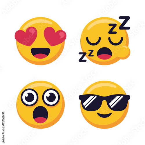 Emoji face pack with heart eyes, sleeping, crying and cool sunglasses expressions, social media reaction vector for chat stickers
