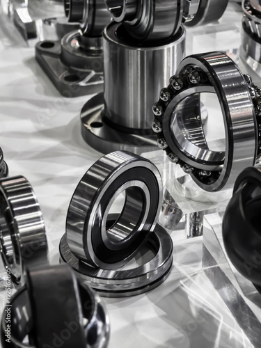 Collection of metal ball bearings and industrial components on display at a manufacturing expo