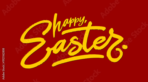 Happy Easter Hand Drawn Lettering Red. Vibrant Yellow Holiday Typography with Shadow Effect for Urban Seasonal Branding Design.