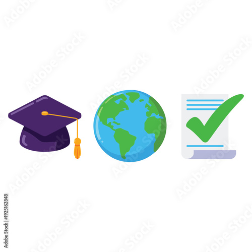 Graduation cap, earth globe and checklist icons, worldwide education vector for school accreditation, academic conference, global learning program branding