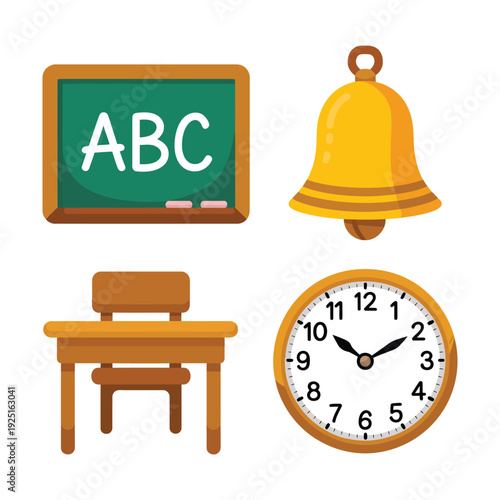 Back to school classroom set with chalkboard ABC, teacher desk, bell, wall clock for education poster, timetable graphics and banners