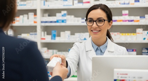 Kind female pharmacist with glasses confidently hands packaged prescription to customer at brightly lit modern pharmacy counter