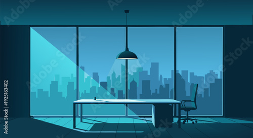 Vector illustration of a dimly lit office with desk, chair, windows, and city skyline at night