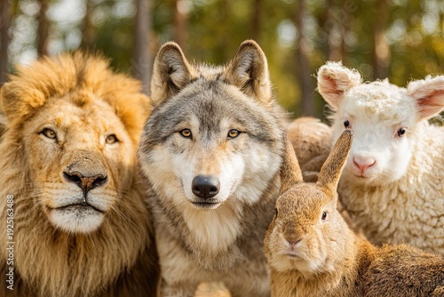 A wolf, lion, rabbit, and sheep stand together in a forest setting, representing the diversity of animal life