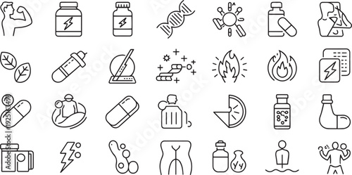 Collection of various medical and scientific icons isolated on transparent background