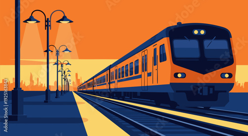 Vector illustration of orange train on track at sunset with city skyline backdrop viewed from platform