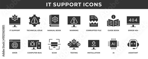 IT support icon set. Contains solid icons related to technical issues, manual books, errors, bugs, testing, and more.