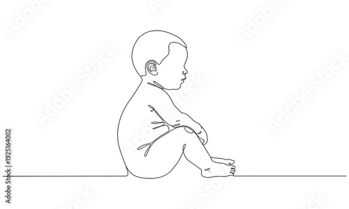 Continuous one line drawing of cute baby boy sitting. Cute toddler child in single line draw vector illustration. Baby boy sitting in continuous line art drawing style.