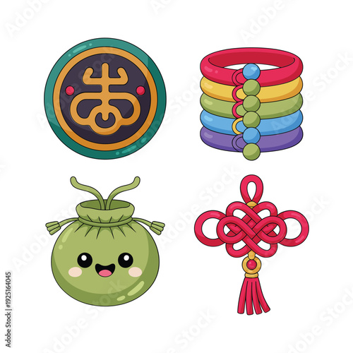 Chinese new year fortune symbol set with lucky coin, red knot, bracelet and money pouch, lunar spring festival design