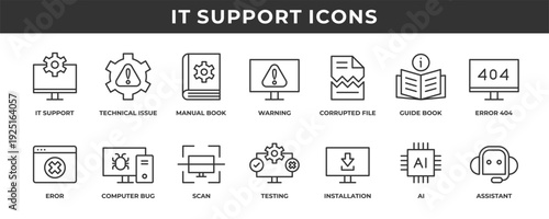 IT support icon set. Contains line icons related to technical issues, manual book, errors, bugs, testing, and more.