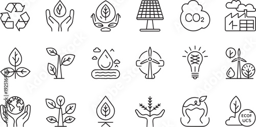 Hand drawn eco friendly icons illustrating sustainable energy and environmental conservation concepts