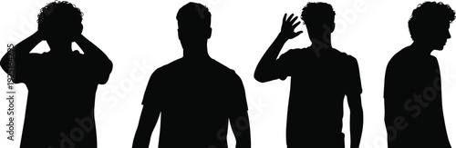 Silhouettes of young men expressing emotions, body language communication concept, gestures, social interaction, isolated on white background