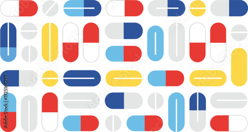 Flat vector illustration of colorful pills, capsules, pharmaceutical tablets, medical drugs, healthcare pattern design for pharmacy, medicine, treatment, background
