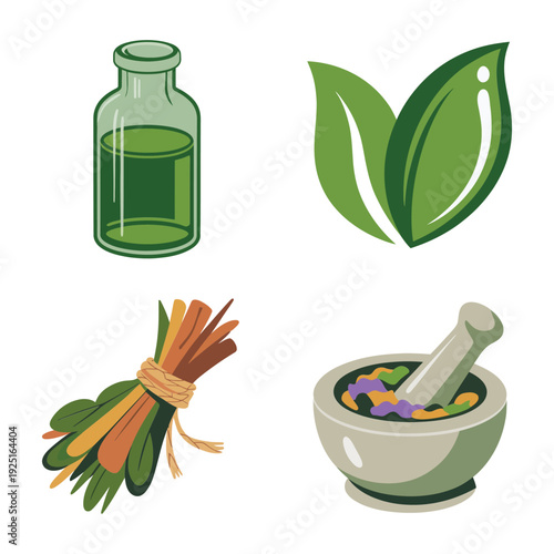 Ayurvedic herbal treatment set with glass oil bottle, green leaves, tied herbs and mortar, natural therapy vector for spa poster