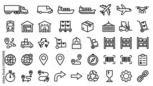 Comprehensive Logistics and Supply Chain Management Icon Collection in Minimalist Line Art Style