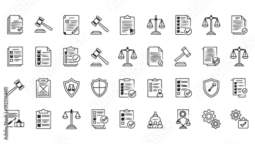 Business Ethics and Legal Compliance Icon Set with Gavels Scales Checklists and Corporate Symbols