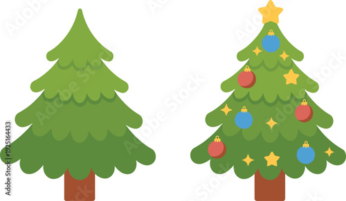 Vector illustration of decorated and plain Christmas trees for holiday and festive-themed designs.