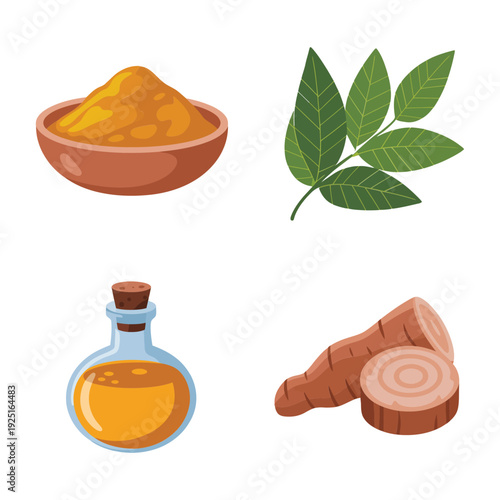 Turmeric spice bowl with green leaves, ginger root slice and aromatic oil bottle, ayurvedic skincare treatment, natural remedy vector