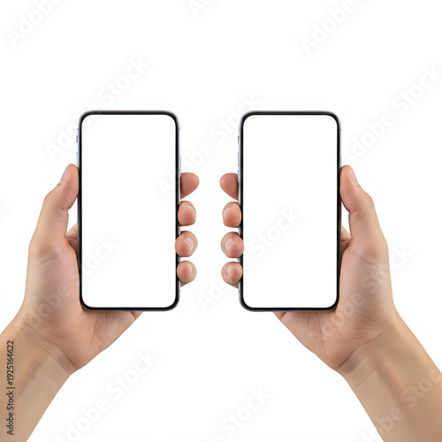 Two hands holding smartphones with blank screens isolated on transparent background