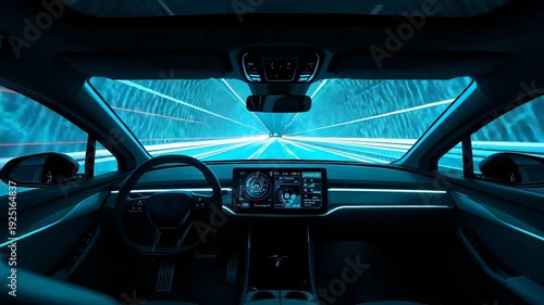 Modern car interior dashboard view driving through illuminated tunnel at night