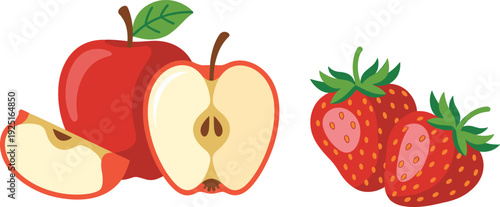 Vector illustration of fresh red apples and strawberries for healthy food and fruit-themed designs.