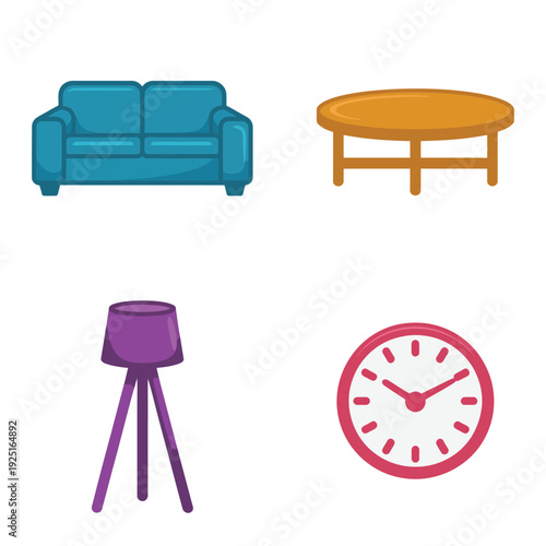 Family lounge makeover set, comfy sofa, coffee table, floor lamp, wall clock, interior design workshop, living room session vector