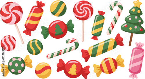 Vector illustration of colorful candy, lollipops, and Christmas treats for holiday, sweet, and festive designs.