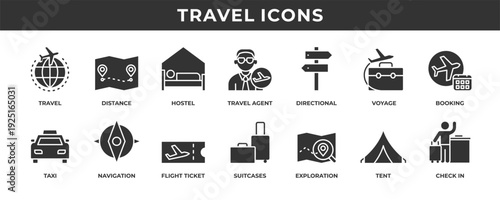 Travel icon set. Contains solid icons related to booking, navigation, suitcase, distance, hotel, and more.