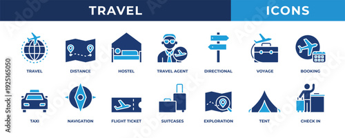 Travel icon set. Contains blue solid icons related to booking, navigation, suitcase, distance, hotel, and more.