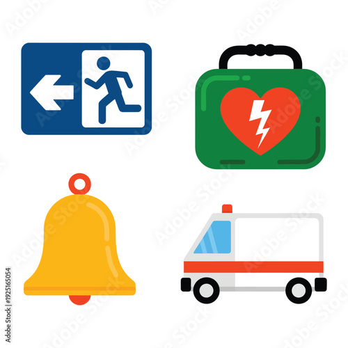Emergency preparedness icons with exit sign, alarm bell, defibrillator kit, ambulance for training materials, evacuation drill, first aid awareness design