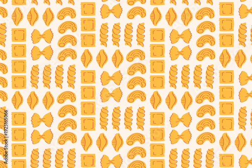 Organized Italian Pasta Shapes Pattern Featuring Bow Tie, Spiral and Rigatoni in Structured Layout