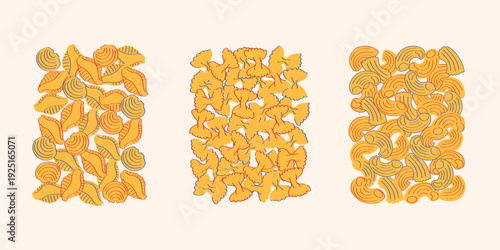 Different Italian Pasta Types Layout – Fusilli, Farfalle and Elbow Macaroni Arrangement