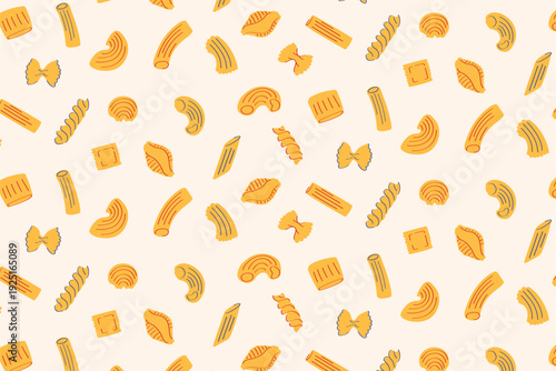 Rustic Italian Pasta Mix Pattern with Farfalle, Fusilli and Shells on Warm Neutral Background. Seamless pattern featuring a scattered assortment of traditional Italian pasta shapes including bow tie