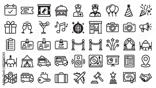 Diverse Event, Travel, and Legal Line Icons: Comprehensive Vector Collection for Various Themes