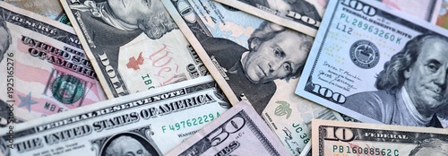 Wallpaper Mural Big pile of US dollar bills in various nominations. United States money banknotes Torontodigital.ca