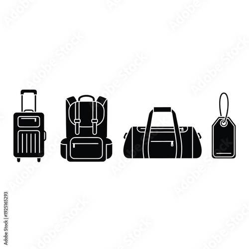 Set of 4 black travel bag and luggage tag icons vector