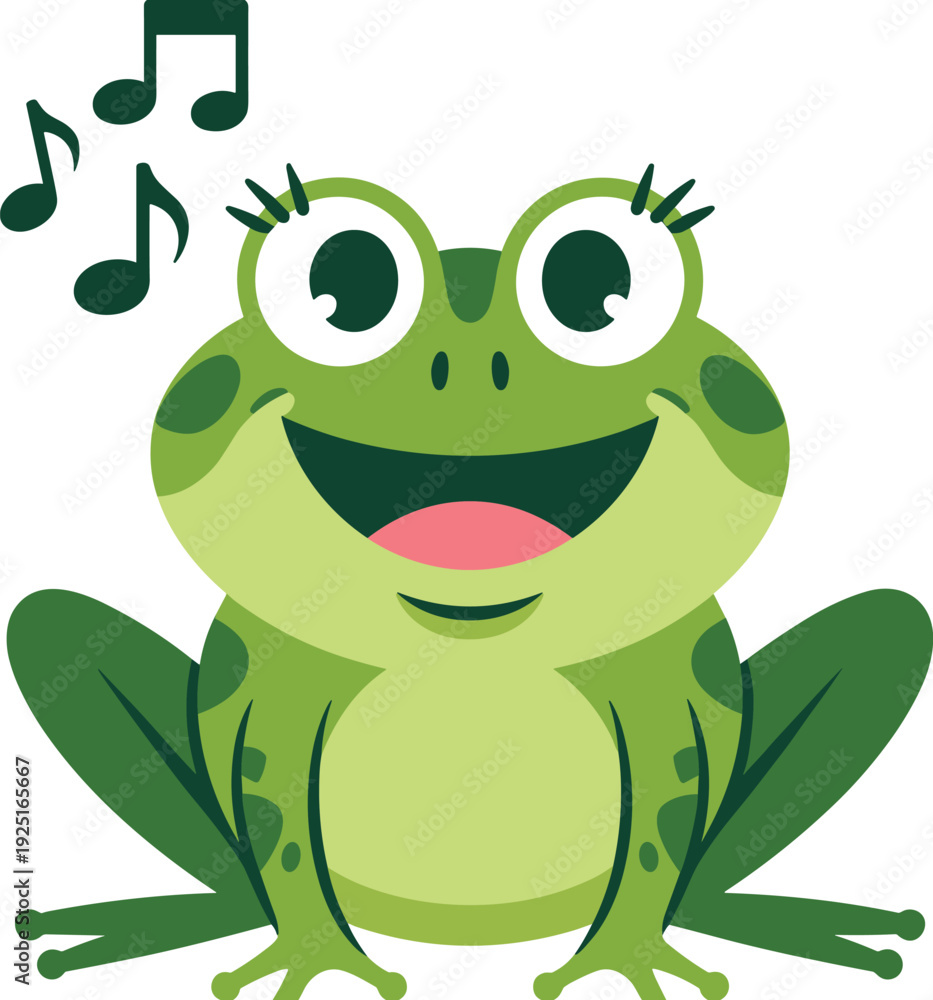 Fototapeta premium Cute cartoon frog with musical notes for fun and playful animal illustrations for kids.