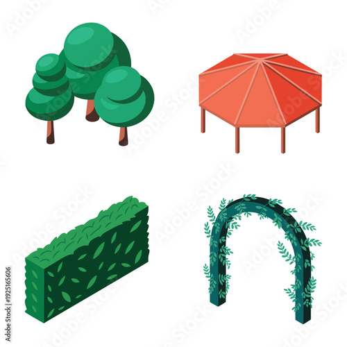 Park landscaping elements with trees, octagonal gazebo, green hedge and vine arch for park festival, garden planning, outdoor event design
