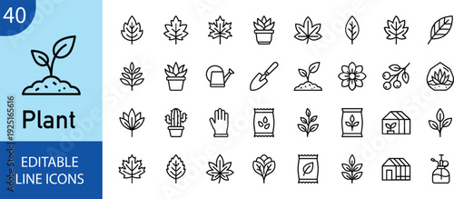 A set of editable line art icons featuring various plant and gardening related symbols in a vector style bundle