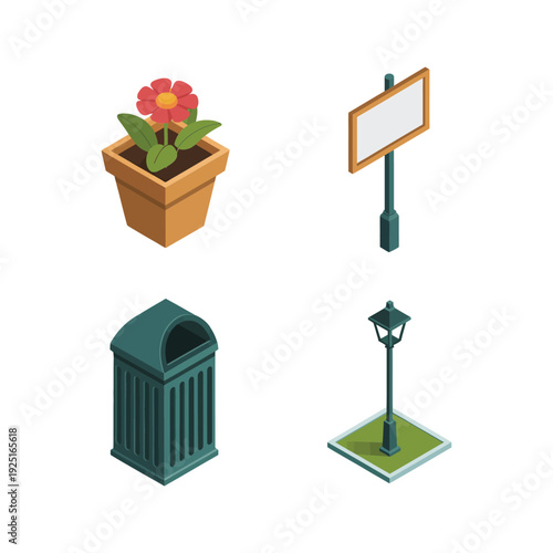 Public park furniture set with trash bin, planter pot, information board, street lamp for city beautification project, wayfinding signage design