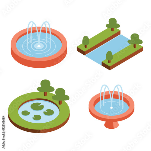 Isometric garden water features with round fountains, long reflecting pool, lily pond and bridge planters for plaza landscape, park design