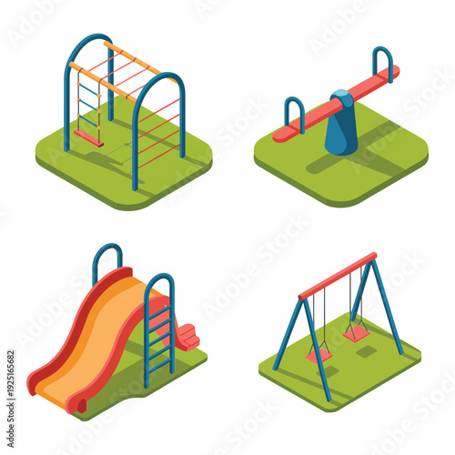 Isometric playground equipment collection with slide, swings and climbing frame for school yard, city park planning, summer recreation design