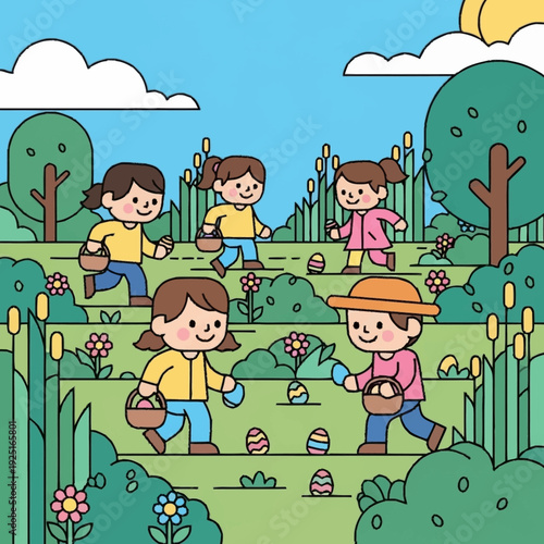 Children happily searching for colorful Easter eggs in a vibrant spring park on a sunny day, enjoying a fun outdoor activity.