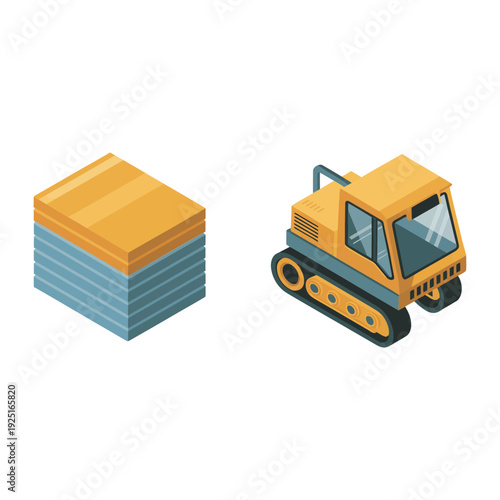 Isometric construction site with bulldozer and material pallet stack for city building project, road repair, industrial simulation game design