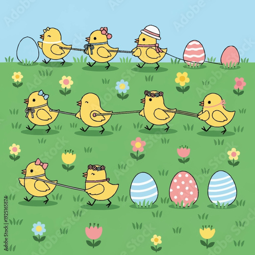 Cute yellow chicks pulling colorful Easter eggs across a green field with flowers.