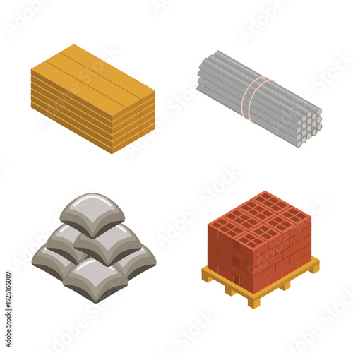 Building material set with wooden planks, steel rebar, cement bags and brick pallet, construction supply vector for warehouse, architecture project