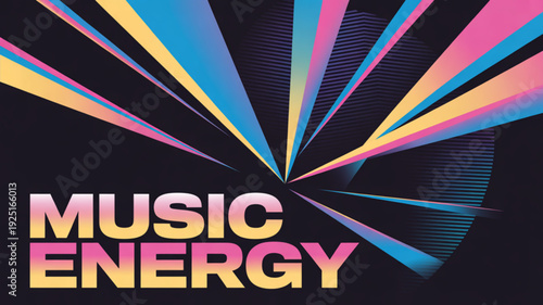 Vibrant music energy poster with colorful rays on black background for energetic events and promotions