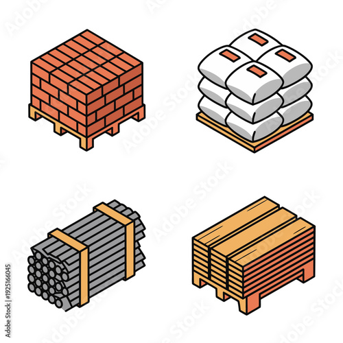 Isometric construction materials set with bricks, cement bags, timber planks, rebar bundles for building site planning, warehouse logistics design