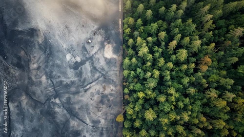 Aerial top view showing sharp boundary between deforested land and dense green forest