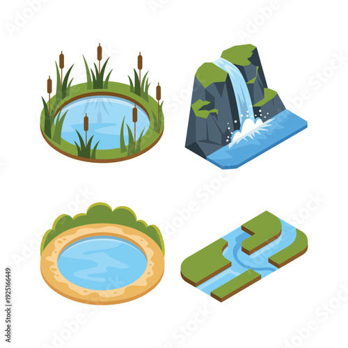 Isometric lake and waterfall tiles with round pond, marsh reeds and canal bend, landscape game map vector for nature design